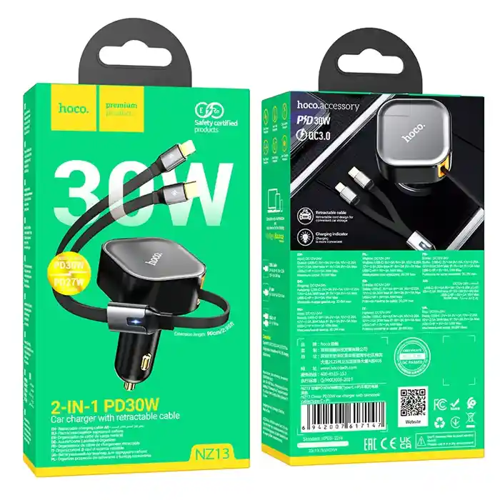 Hoco NZ13 PD30W 2 in 1 Car Charger with Retractable Cable